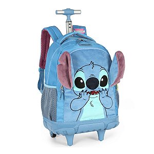 Kit Mochila De Rodinhas Stitch + Lancheira + Bolsinha Com Orelhas - Com Carrinho Removível