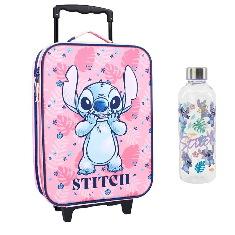 Conjunto Disney Stitch 2 Peças: Mala Infantil, Mala de Viagem e Garrafa de 850 ml.