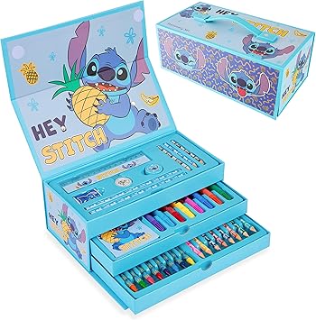Disney Stitch Kids Art Set, Lápis de Cor Canetas Giz de Cera Suprimentos de Arte em Caixa de Arte 30 Mais Peças - Stitch Presentes para Meninas (Blue Stitch)