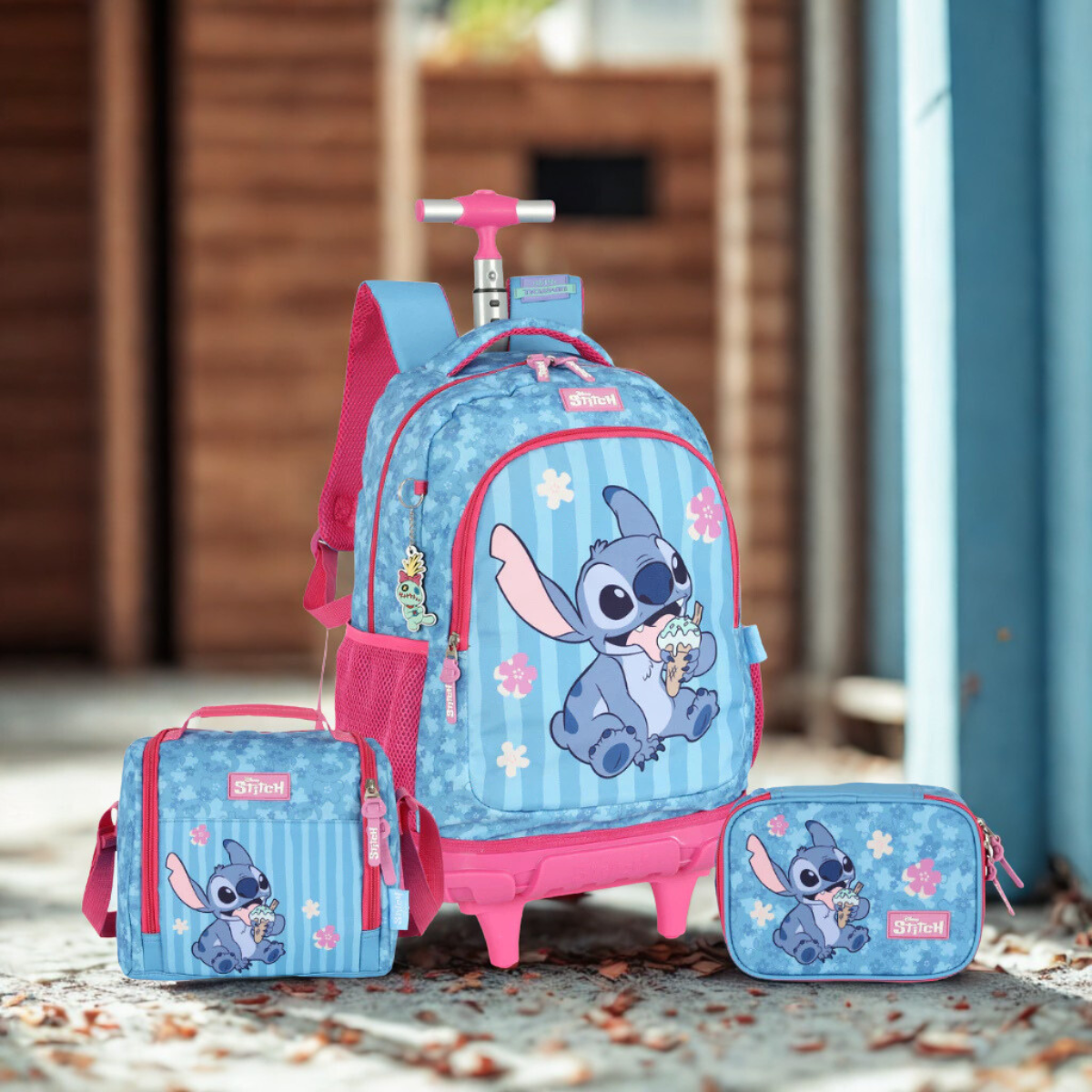 Mochila Escolar Infantil Stitch Disney Original com Rodas – Kit Completo