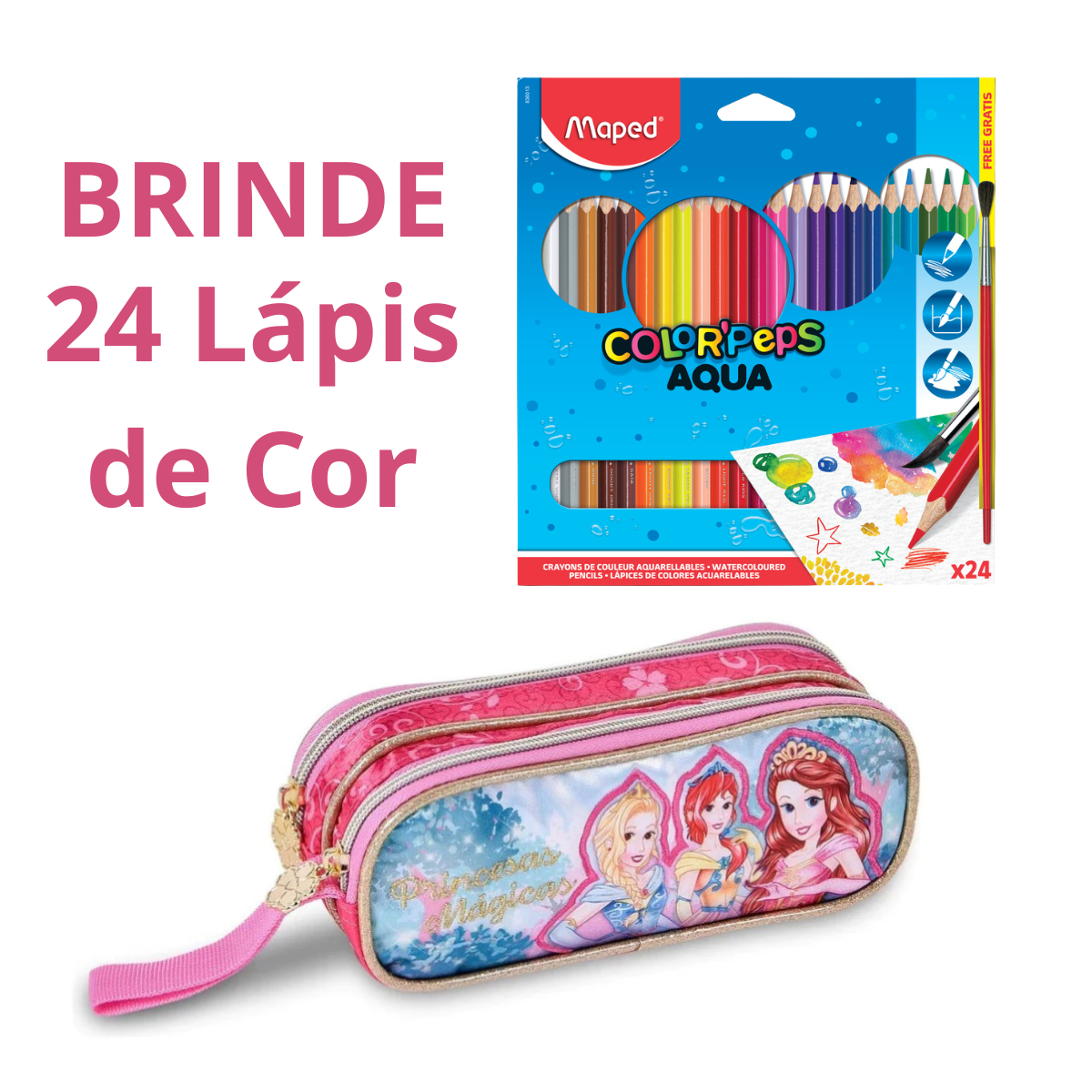 Kit Escolar Princesas Infantil com Mochila de Rodinhas, Lancheira e Estojo + BRINDE 24 Lápis da Mapped