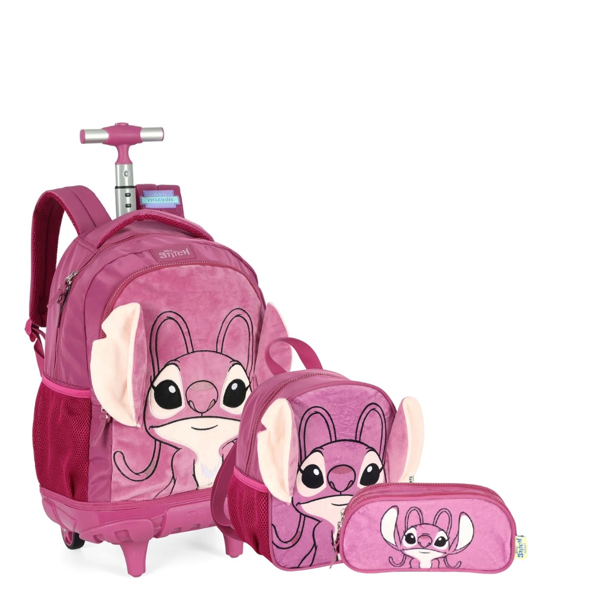 Kit Mochila De Rodinhas Stitch + Lancheira + Bolsinha Com Orelhas - Com Carrinho Removível