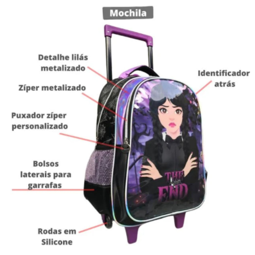Kit Escolar Wandinha Infantil Mochila de Rodinhas com Carrinho Removível + Lancheira e Estojo