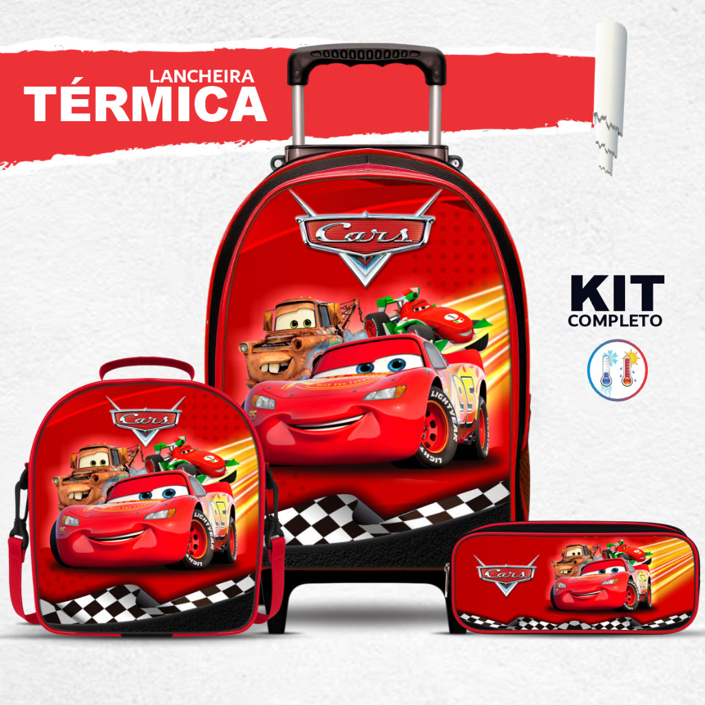 Kit Escolar Carros com Mochila de Rodinhas, Lancheira Térmica e Estojo BOX – Menino