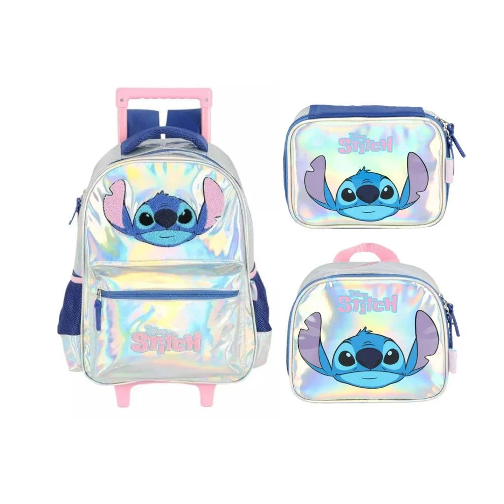 Kit Mochila Stitch Holográfica + Lancheira e Estojo