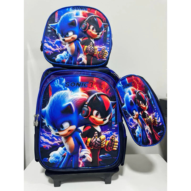 Mochila Escolar Infantil Sonic com Lancheira e Estojo – Kit 3 Peças 3D