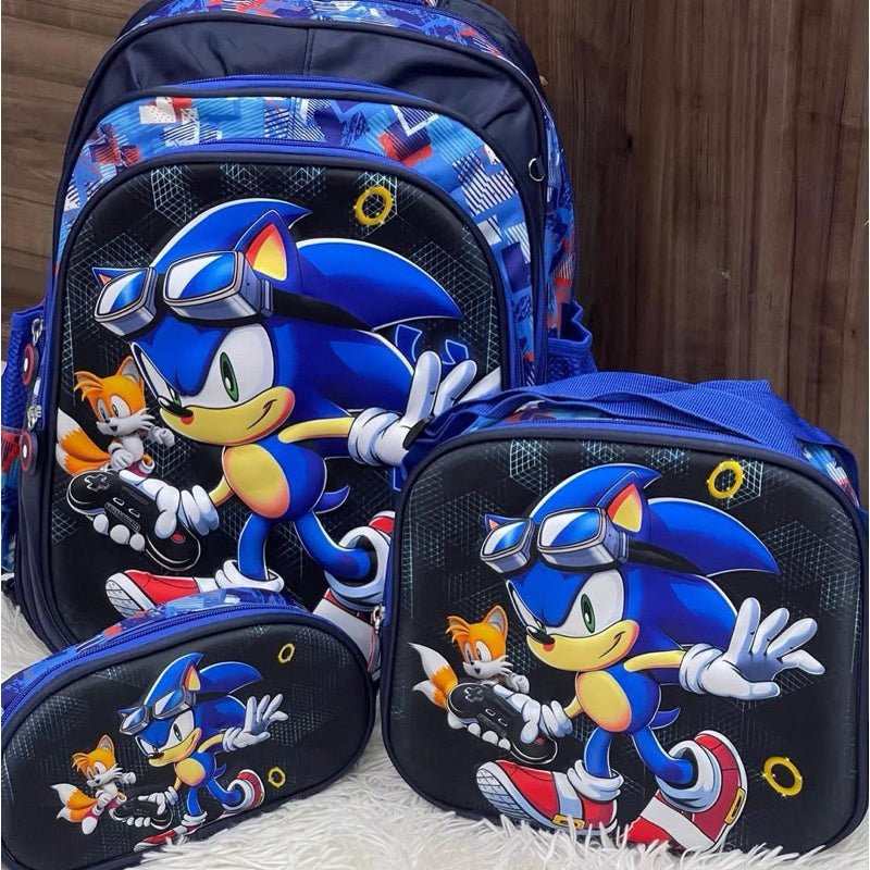 Mochila Escolar Infantil Sonic com Lancheira e Estojo – Kit 3 Peças 3D