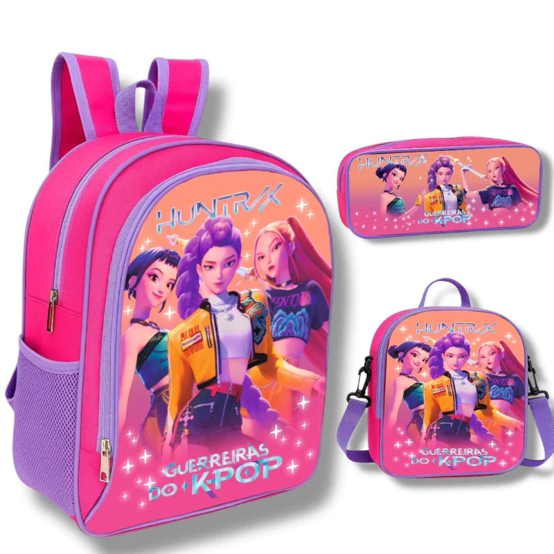 Kit Escolar Guerreiras do K-Pop + Lancheira Térmica + Estojo Reforçado