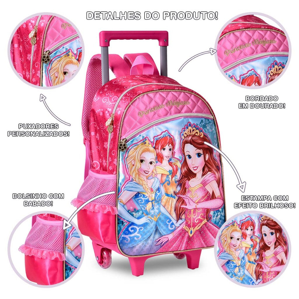 Kit Escolar Princesas Infantil com Mochila de Rodinhas, Lancheira e Estojo + BRINDE 24 Lápis da Mapped