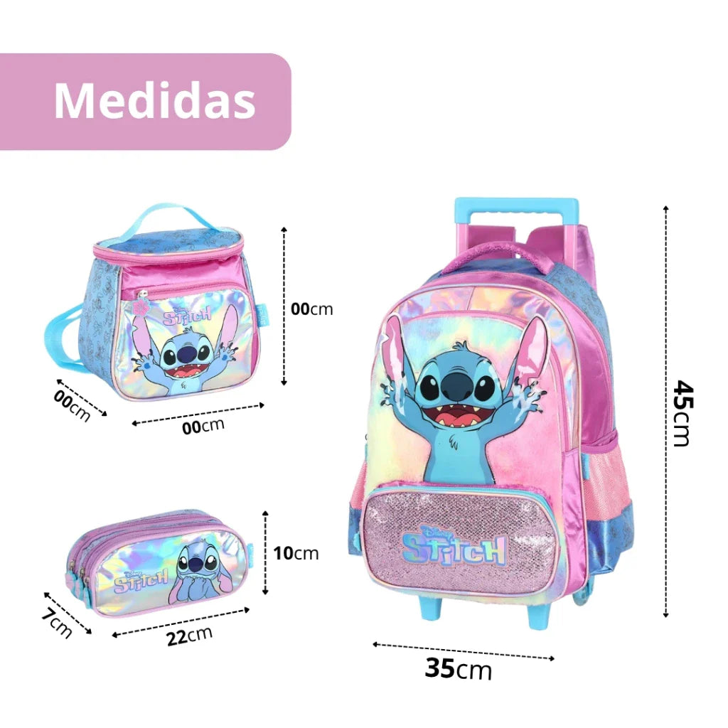 Kit Escolar Disney Stitch Original com Mochila de Rodinhas, Lancheira e Estojo