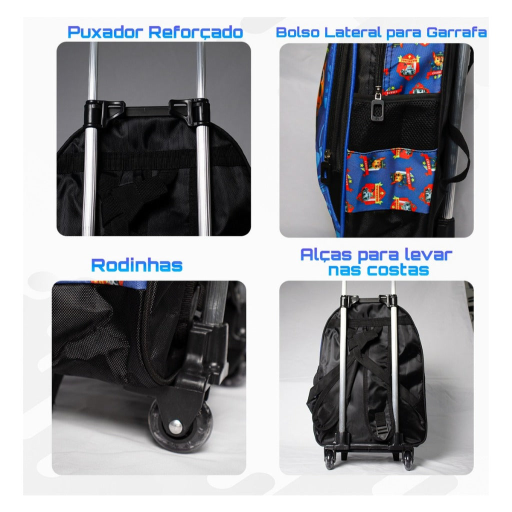 Kit Escolar Patrulha Canina Infantil com Mochila de Rodinhas, Lancheira e Estojo