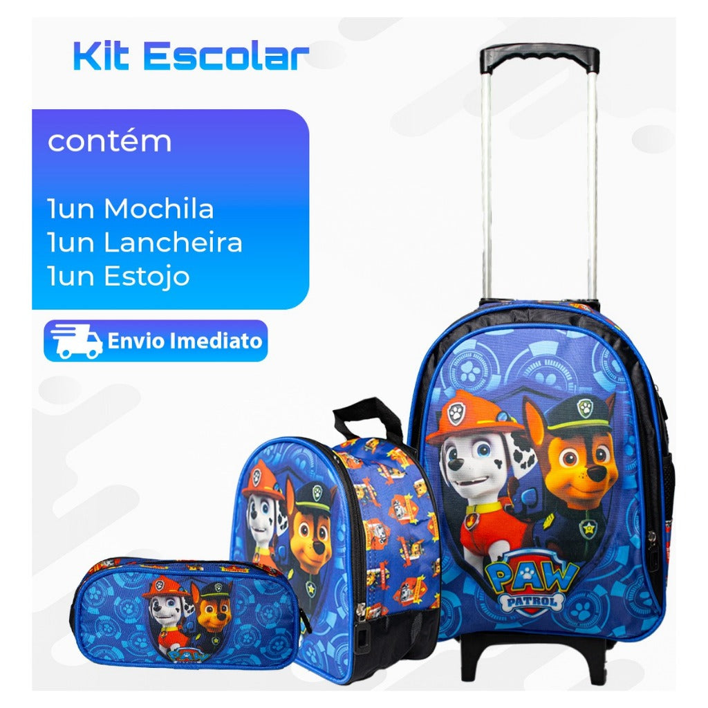 Kit Escolar Patrulha Canina Infantil com Mochila de Rodinhas, Lancheira e Estojo