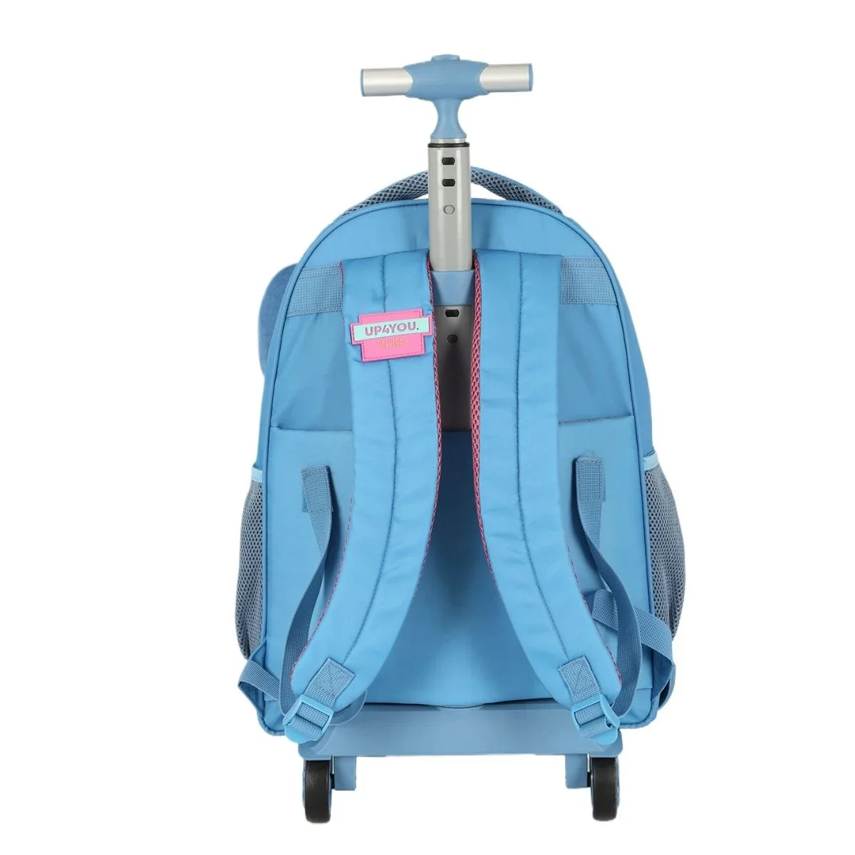 Kit Mochila De Rodinhas Stitch + Lancheira + Bolsinha Com Orelhas - Com Carrinho Removível