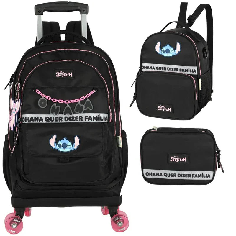 Mochila Escolar Infantil Stitch Disney Original com Rodas – Kit Completo