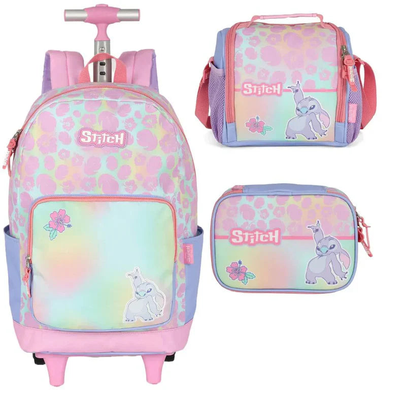 Mochila Escolar Infantil Stitch Disney Original com Rodas – Kit Completo