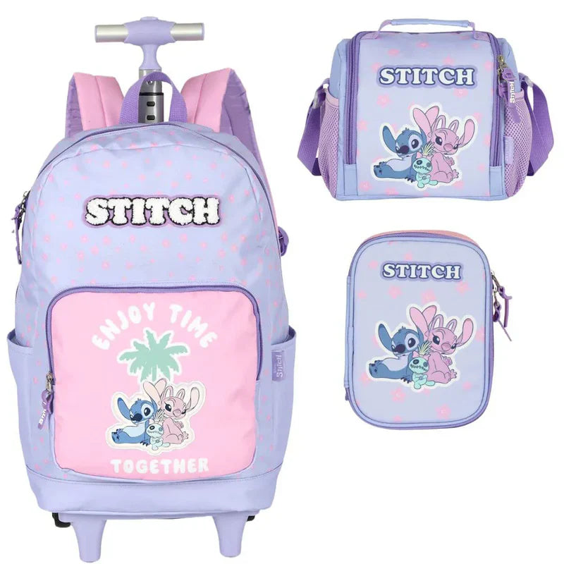 Mochila Escolar Infantil Stitch Disney Original com Rodas – Kit Completo