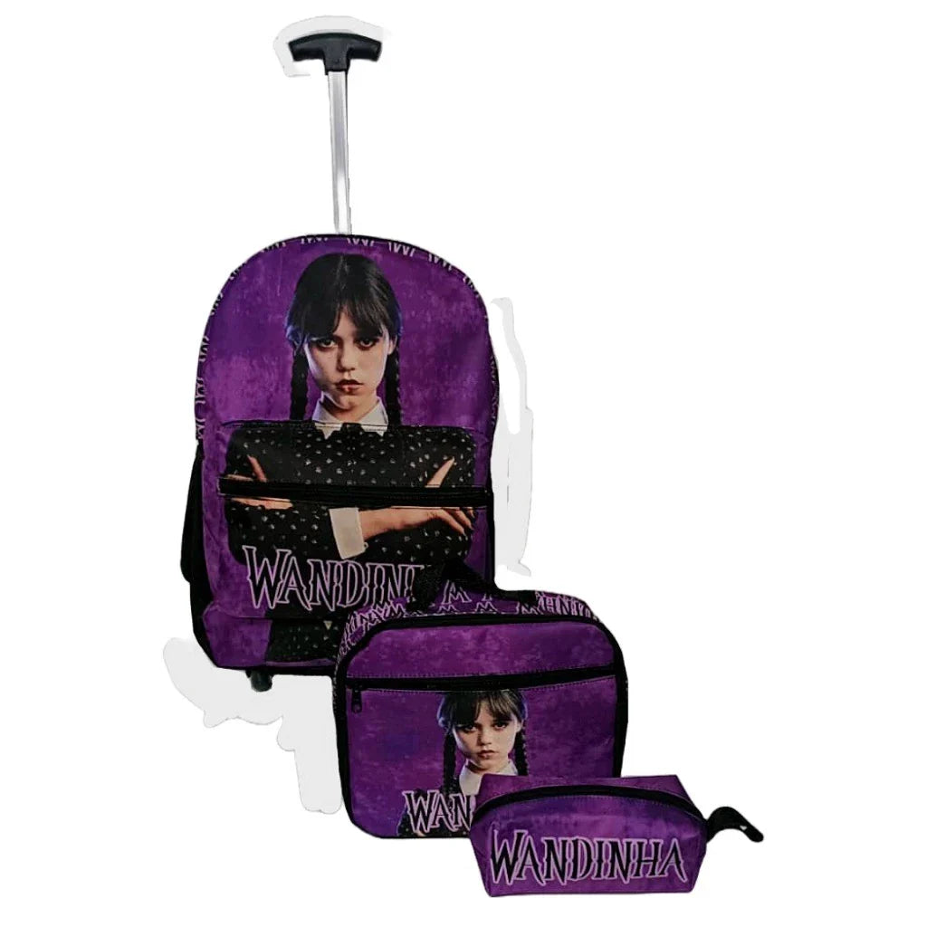 Kit Escolar Wandinha Infantil Mochila de Rodinhas com Carrinho Removível + Lancheira e Estojo