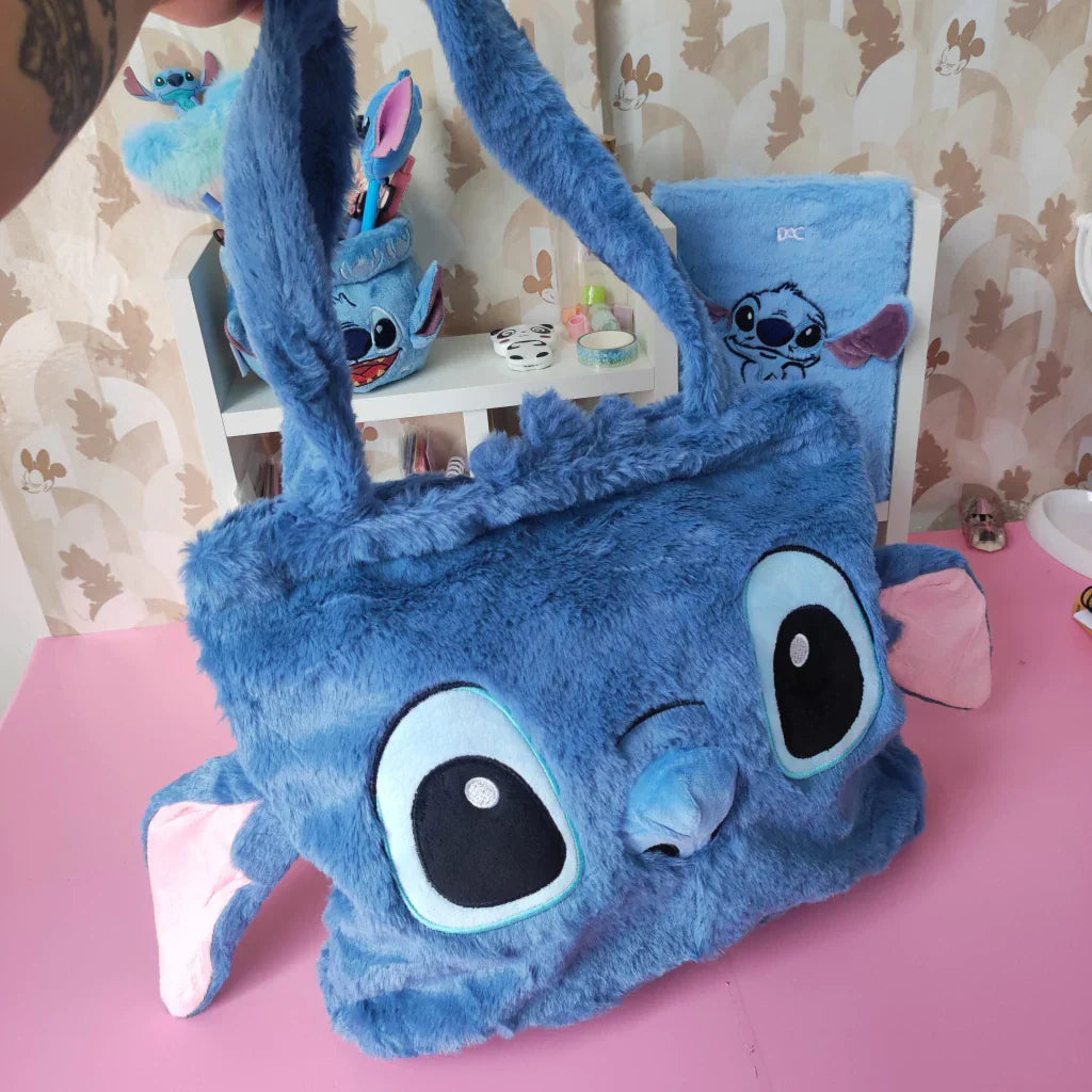 Bolsa Lancheira Quadrada Grande Pelúcia Stitch Azul