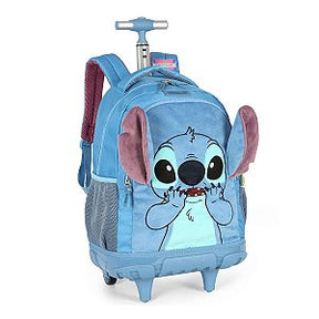 Kit Mochila De Rodinhas Stitch + Lancheira + Bolsinha Com Orelhas - Com Carrinho Removível