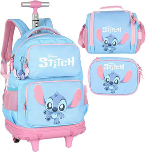 Mochila Escolar Infantil Stitch Disney Original com Rodas – Kit Completo
