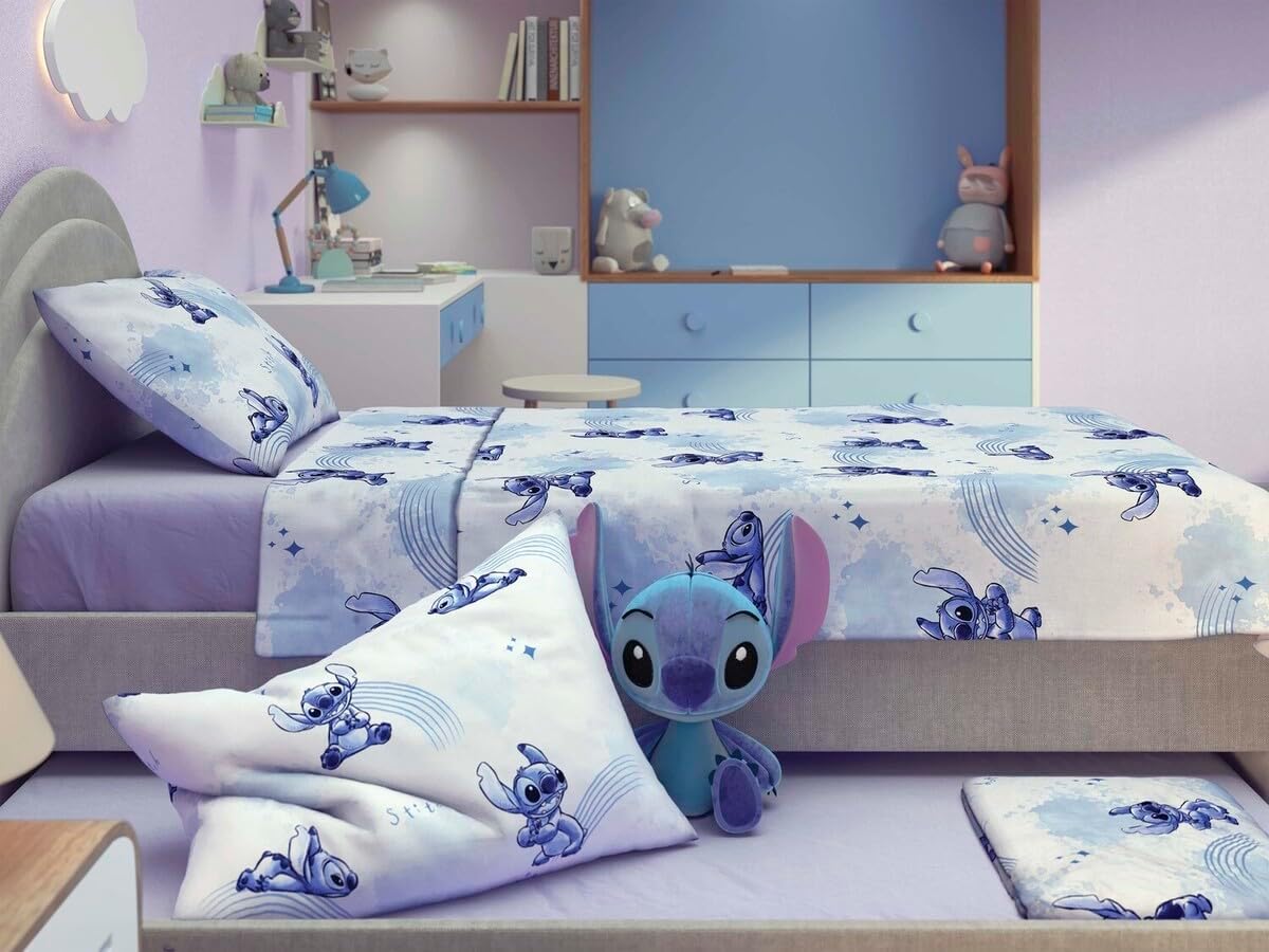 Jogo de Cama 100% Algodão Solteiro Estampado Stitch 1,40 m x 2,10 m Com 3 peças