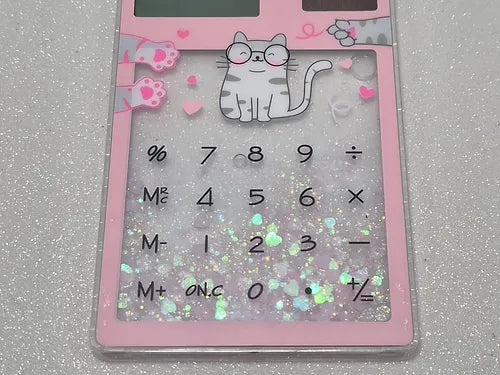 Calculadora Solar Glitter e Água Touch Fofa - Stitch, Hello Kitty ou Gatinho