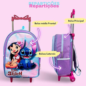 Kit Mochila de Rodinha Escolar Lilo & Stitch Infantil Feminino + Lancheira Termica + Estojo Grande Menina