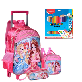 Kit Escolar Princesas Infantil com Mochila de Rodinhas, Lancheira e Estojo + BRINDE 24 Lápis da Mapped