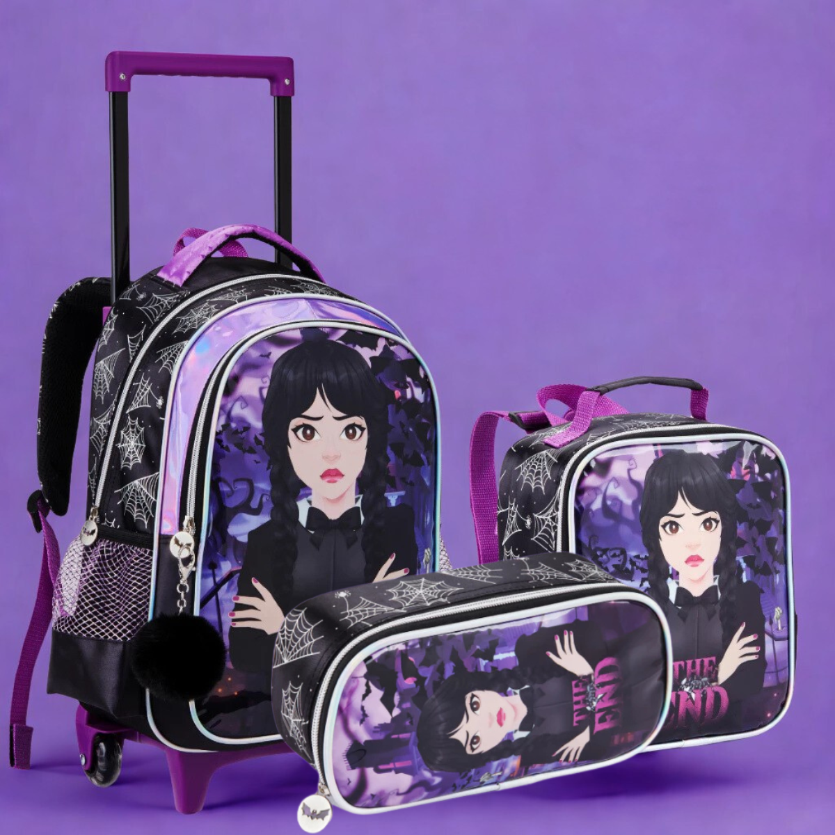 Kit Escolar Wandinha Infantil Mochila de Rodinhas com Carrinho Removível + Lancheira e Estojo