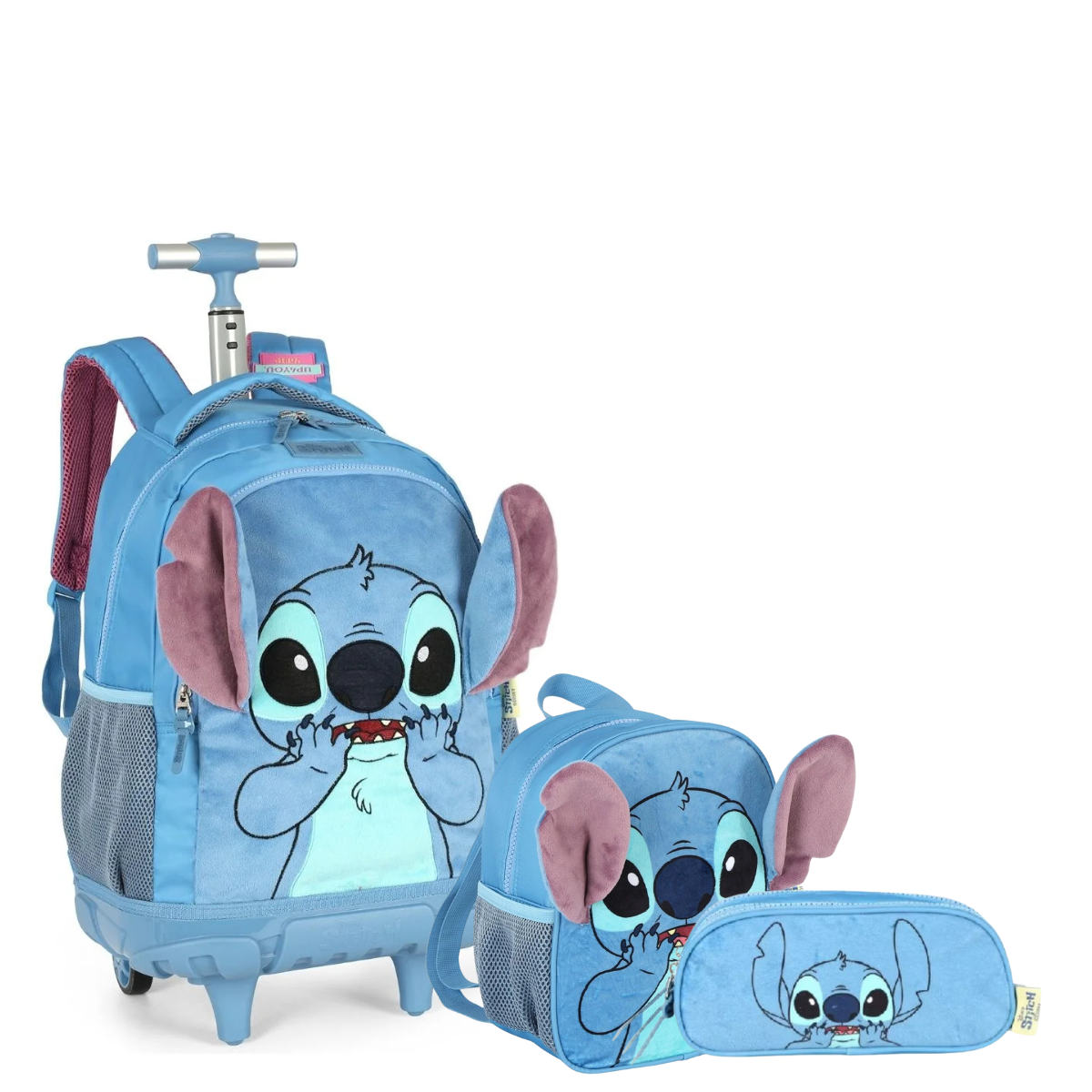 Kit Mochila De Rodinhas Stitch + Lancheira + Bolsinha Com Orelhas - Com Carrinho Removível
