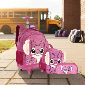 Kit Mochila De Rodinhas Stitch + Lancheira + Bolsinha Com Orelhas - Com Carrinho Removível