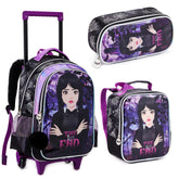 Kit Escolar Wandinha Infantil Mochila de Rodinhas com Carrinho Removível + Lancheira e Estojo