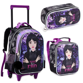 Kit Escolar Wandinha Infantil Mochila de Rodinhas com Carrinho Removível + Lancheira e Estojo