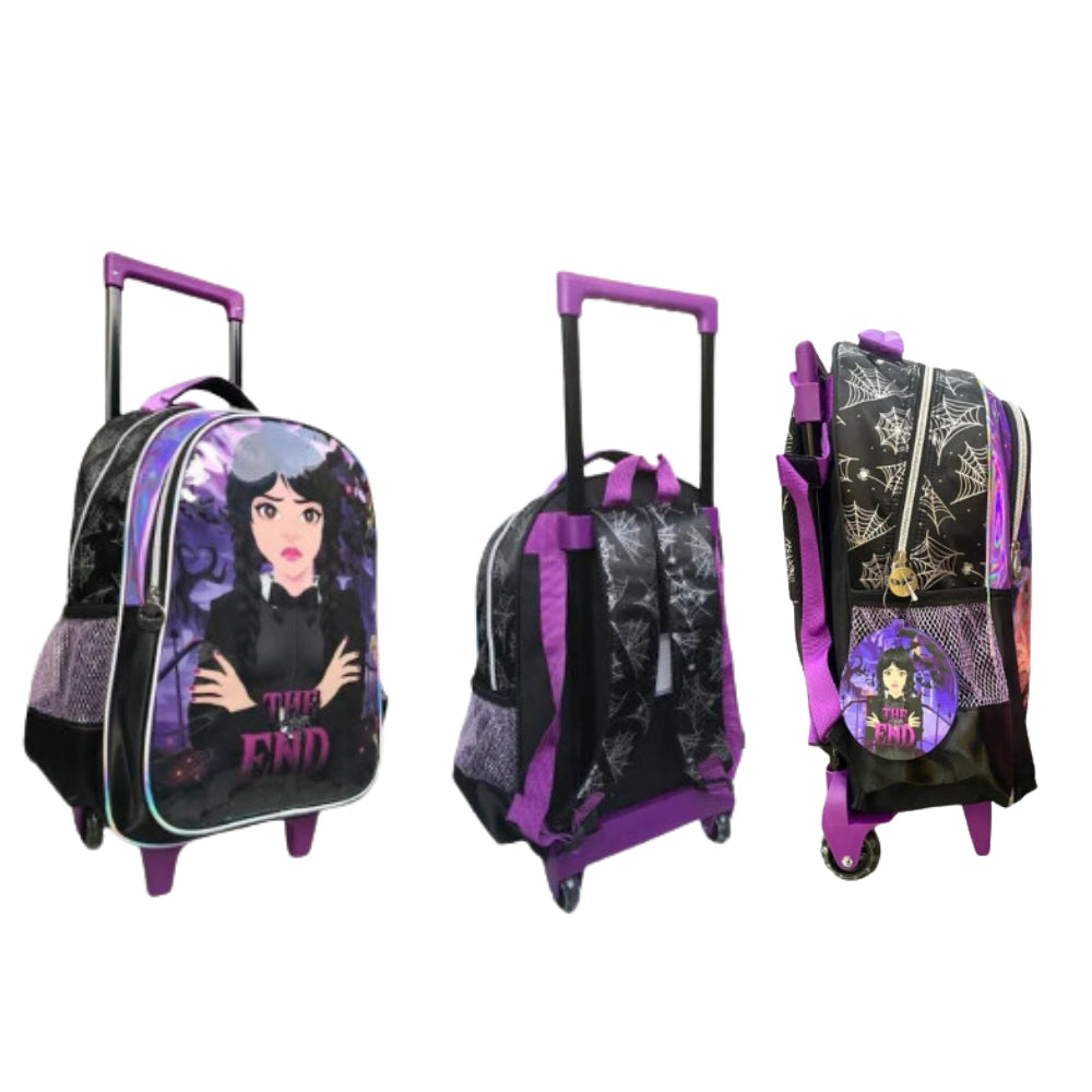 Kit Escolar Wandinha Infantil Mochila de Rodinhas com Carrinho Removível + Lancheira e Estojo