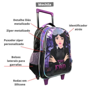 Kit Escolar Wandinha Infantil Mochila de Rodinhas com Carrinho Removível + Lancheira e Estojo