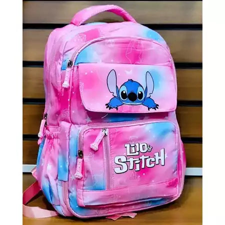 MOCHILA JUVENIL STITCH COM VARIOS BOLSOS COSTAS GRANDE RESISTENTE