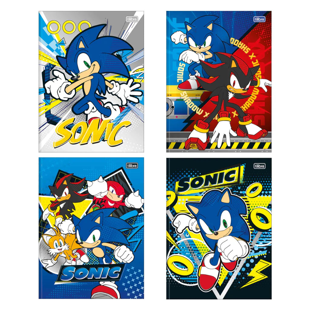 Kit Escolar Sonic com 4 Cadernos - 1 Matéria Capa Dura Brochura e Espiral