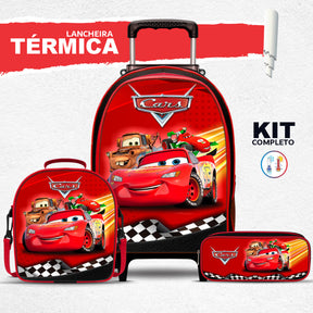 Kit Escolar Carros com Mochila de Rodinhas, Lancheira Térmica e Estojo BOX – Menino