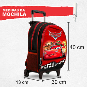 Kit Escolar Carros com Mochila de Rodinhas, Lancheira Térmica e Estojo BOX – Menino