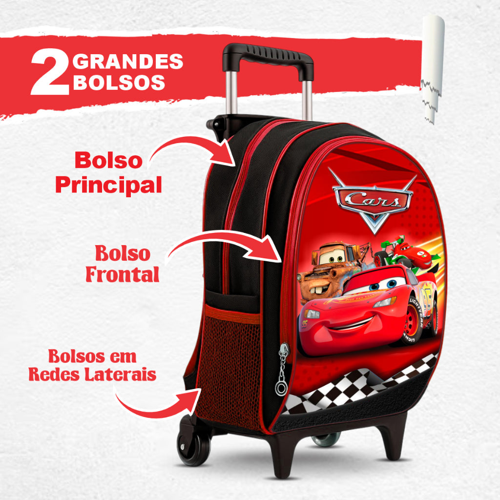 Kit Escolar Carros com Mochila de Rodinhas, Lancheira Térmica e Estojo BOX – Menino