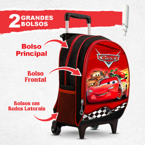 Kit Escolar Carros com Mochila de Rodinhas, Lancheira Térmica e Estojo BOX – Menino