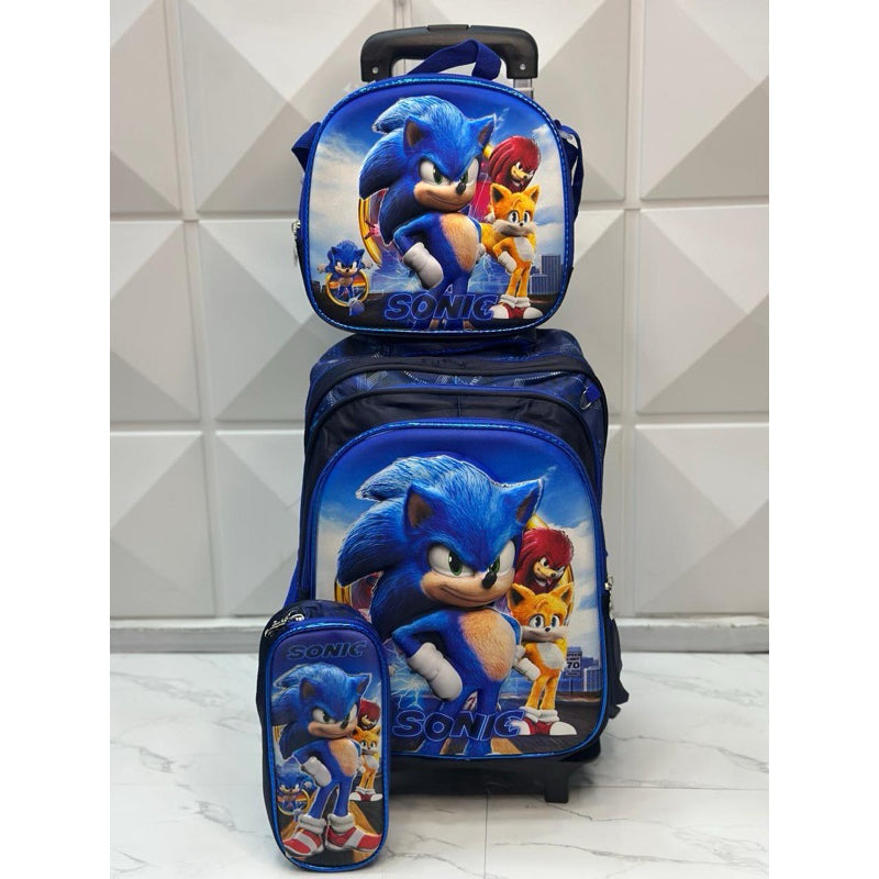Mochila Escolar Infantil Sonic com Lancheira e Estojo – Kit 3 Peças 3D