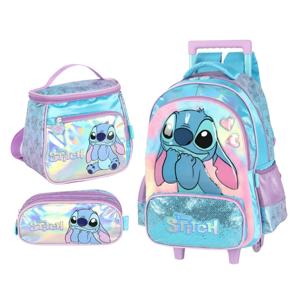 Kit Escolar Disney Stitch Original com Mochila de Rodinhas, Lancheira e Estojo