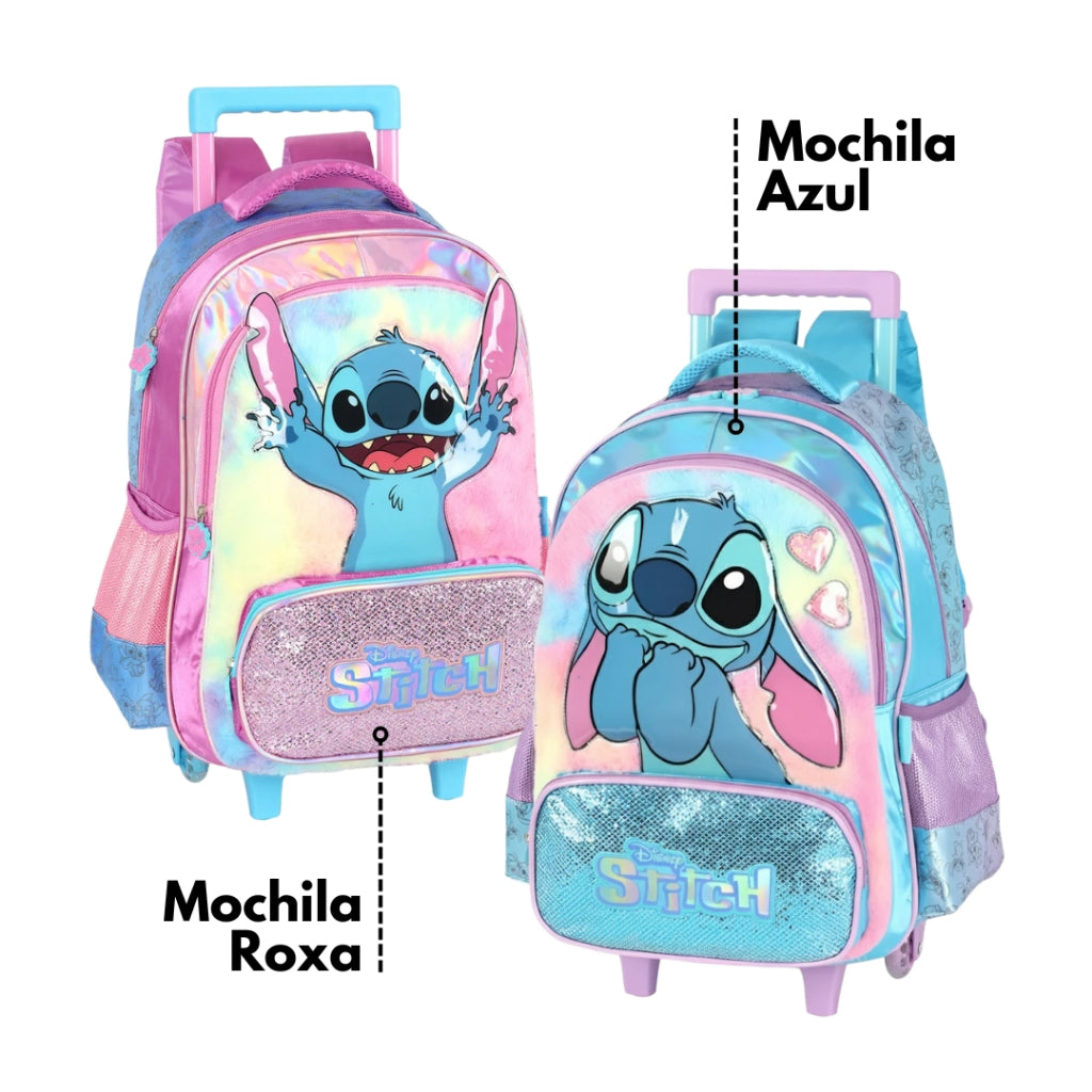 Kit Escolar Disney Stitch Original com Mochila de Rodinhas, Lancheira e Estojo
