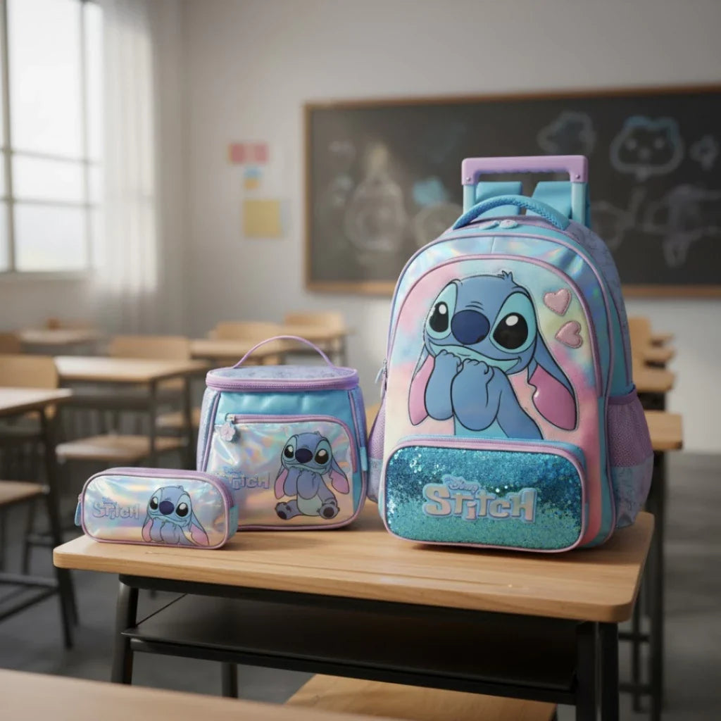 Kit Escolar Disney Stitch Original com Mochila de Rodinhas, Lancheira e Estojo