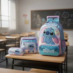 Kit Escolar Disney Stitch Original com Mochila de Rodinhas, Lancheira e Estojo
