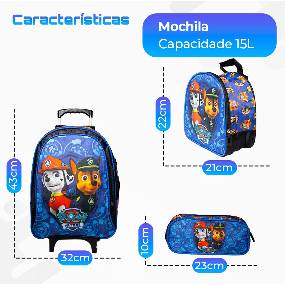 Kit Escolar Patrulha Canina Infantil com Mochila de Rodinhas, Lancheira e Estojo