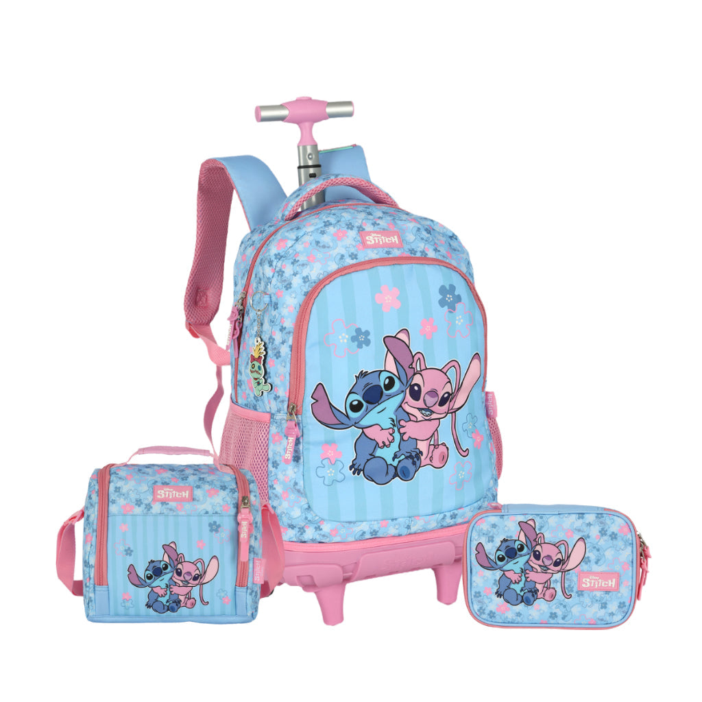 Mochila Escolar Infantil Stitch Disney Original com Rodas – Kit Completo