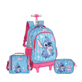 Mochila Escolar Infantil Stitch Disney Original com Rodas – Kit Completo