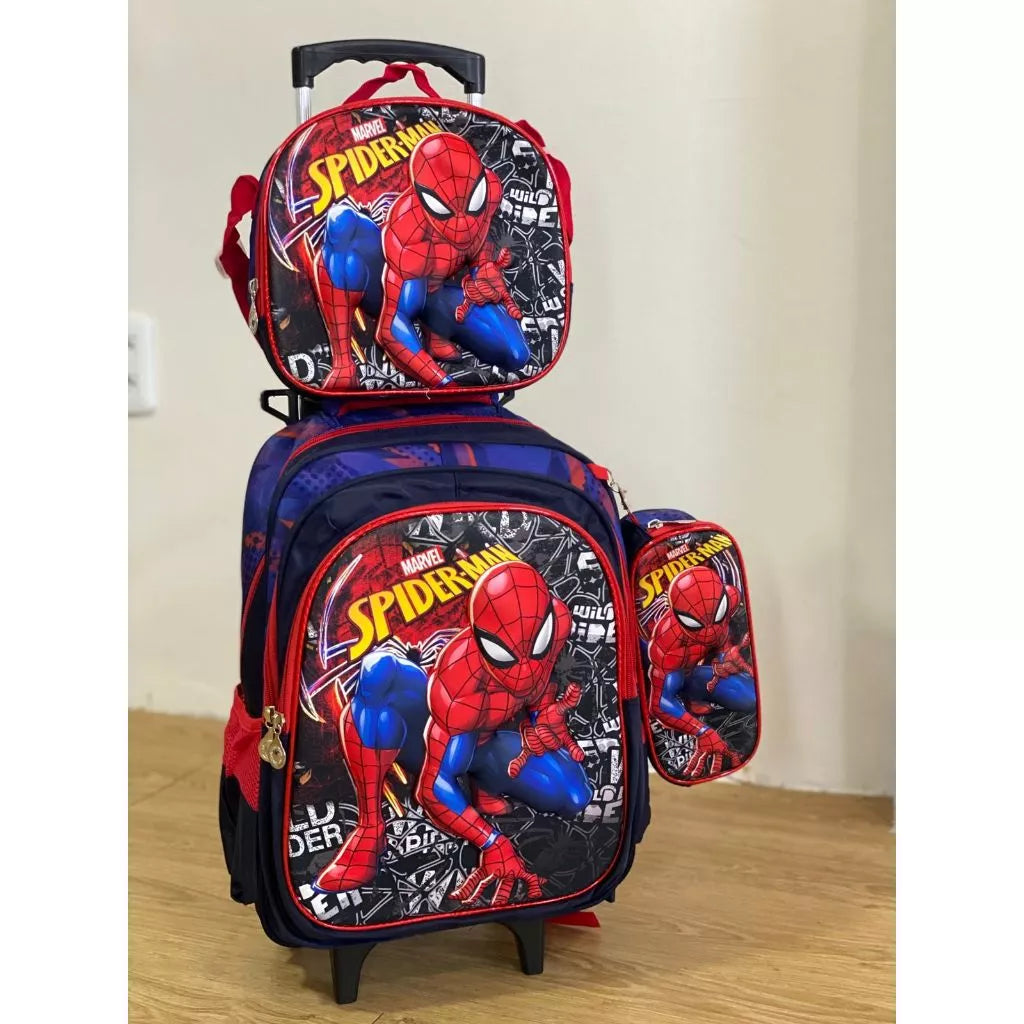 Kit Escolar Homem-Aranha com Mochila com e sem Rodinhas + Lancheira + Estojo